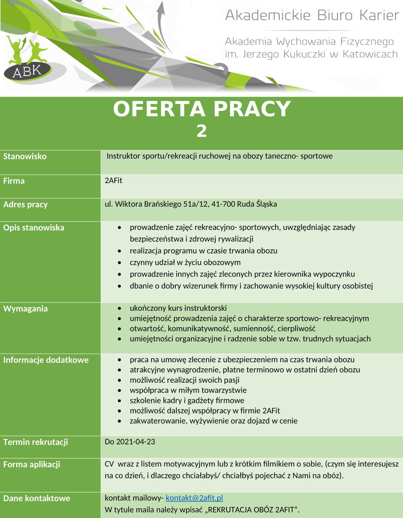 Oferta pracy: Instruktor sportu/ rekreacji ruchowej